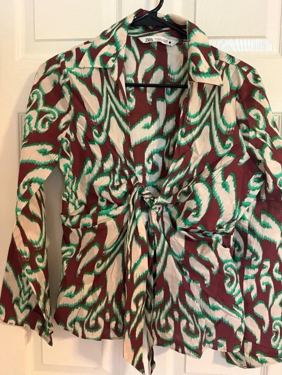 Zara Brown & Mint Patterned Tie-Front Blouse - Picture 3 of 4